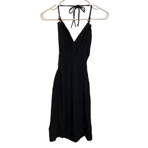 Cotton Natural Black Crochet Halter Mini Dress Wood Bead Smocked Waist‎ Medium